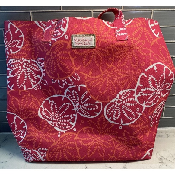 Lilly Pulitzer for Estee Lauder Tote Bag Pink Orange Tropical Sand Dollar Print - Picture 2 of 5